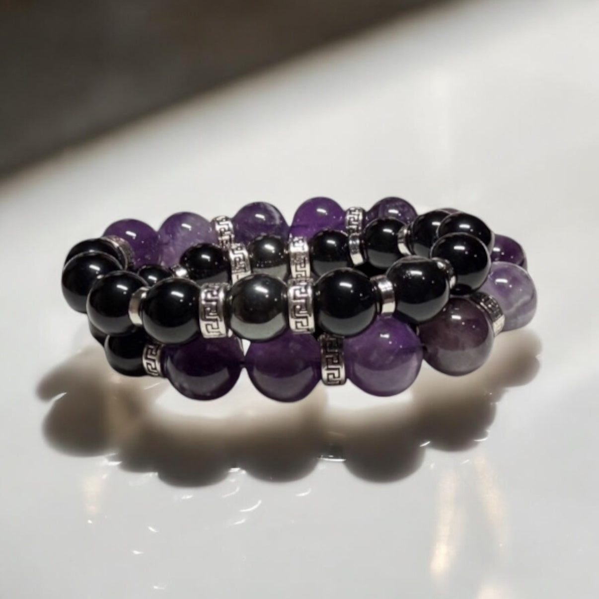 Wrap- 12mm Amethyst & 10mm Black Onyx