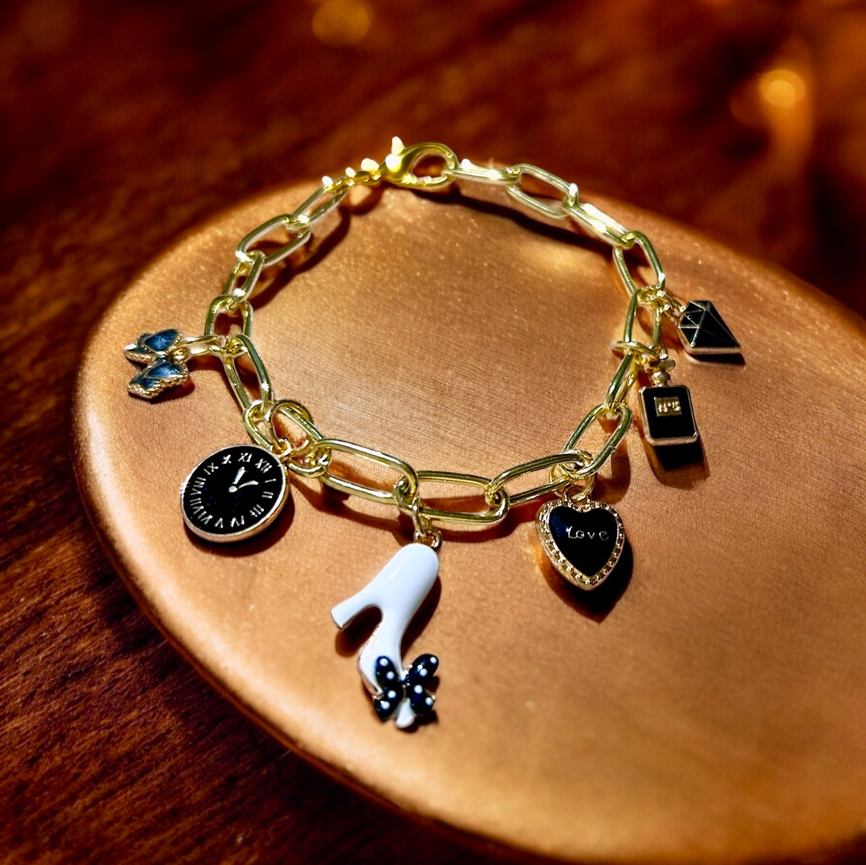 Gold, Black and White Charm Bracelet