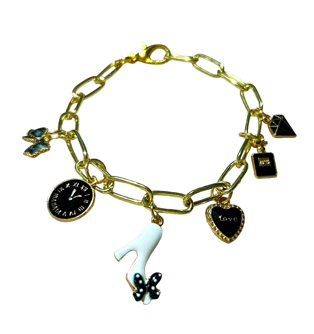 Gold, Black and White Charm Bracelet
