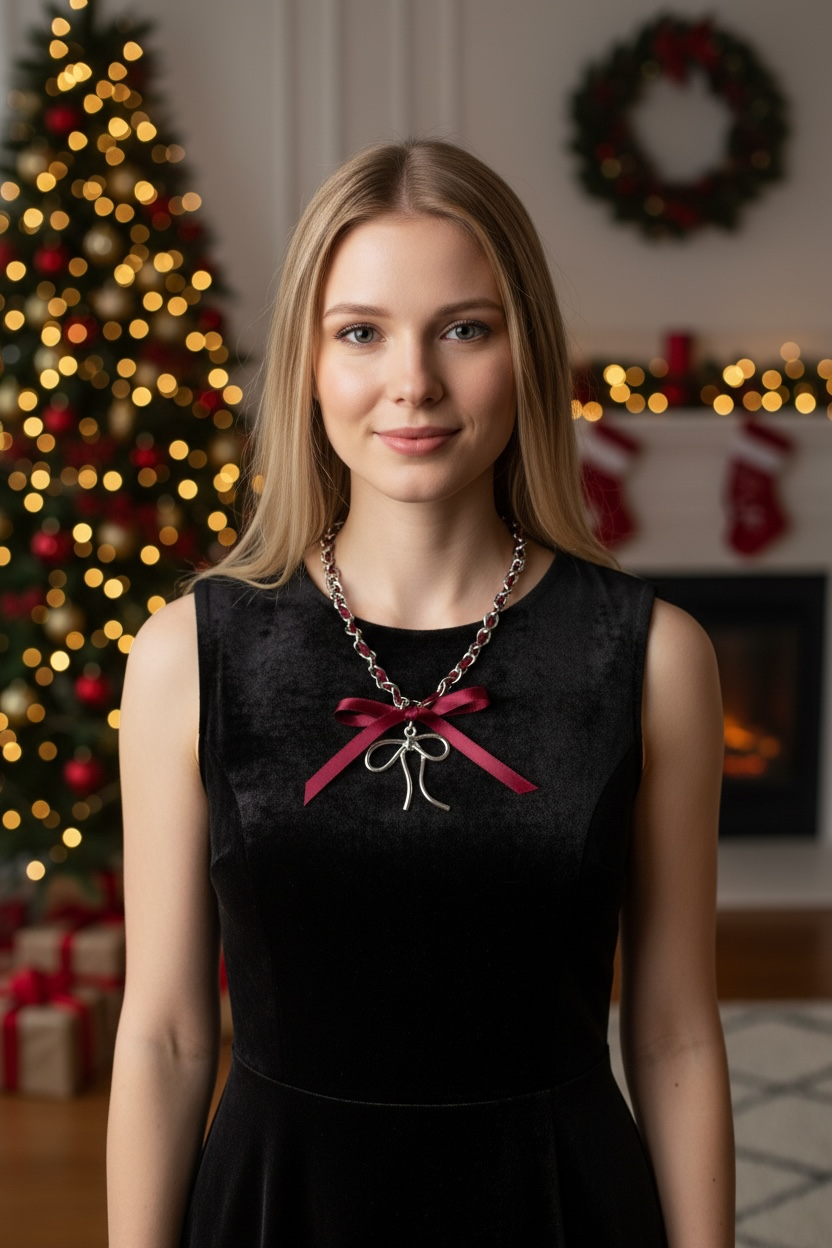 Burgundy Ribbon Bow Necklace