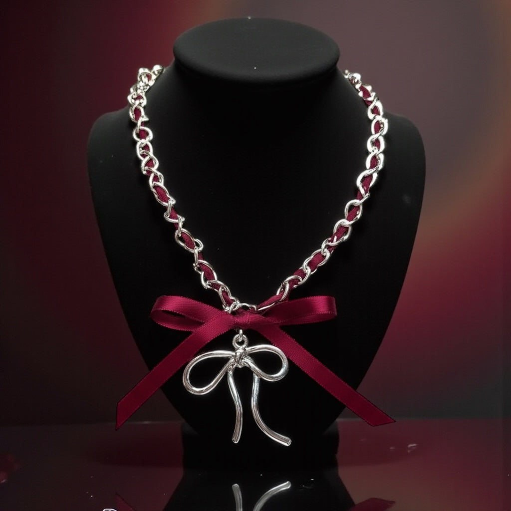 Burgundy Ribbon Bow Necklace