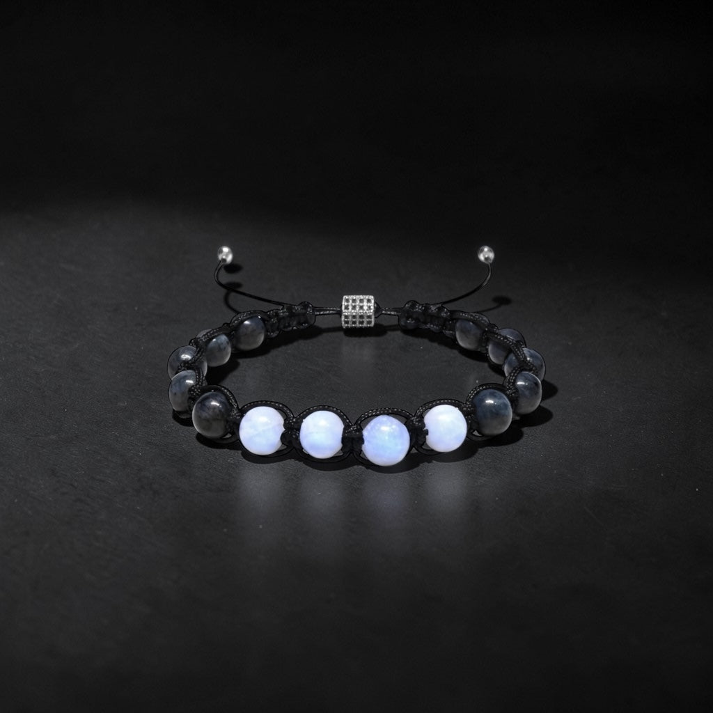 Men’s Larvikite & Moonstone Adjustable Macramé Bracelet