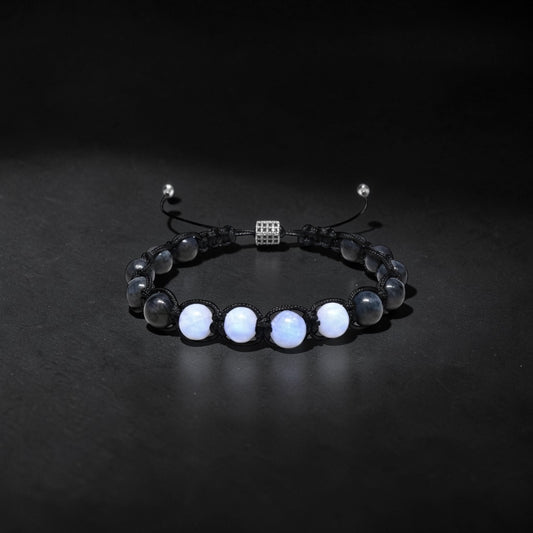 Men’s Larvikite & Moonstone Adjustable Macramé Bracelet