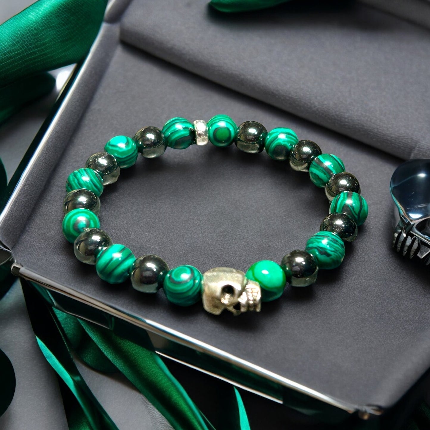 Skull with Malachite and Hematite