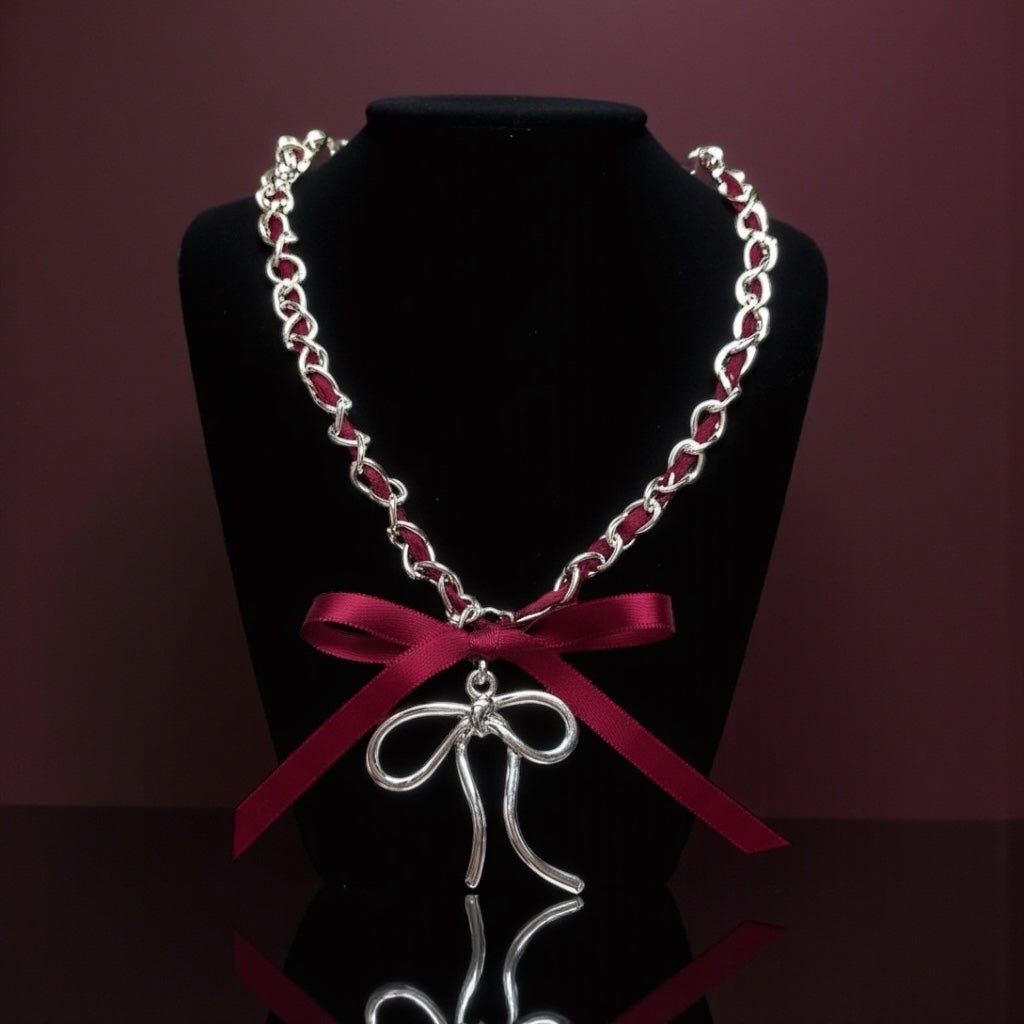 Burgundy Ribbon Bow Necklace