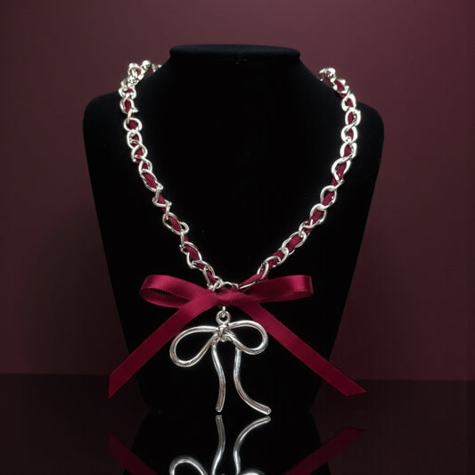 Burgundy Ribbon Bow Necklace