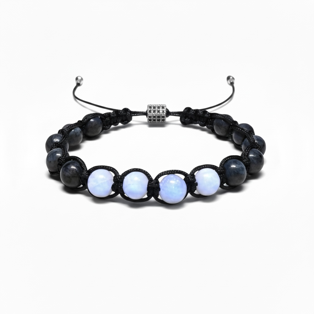 Men’s Larvikite & Moonstone Adjustable Macramé Bracelet
